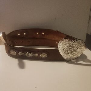 Vintage 1995 Tony Lama #30 Brown NADIM Leather Belt with Silver Heart Buckle